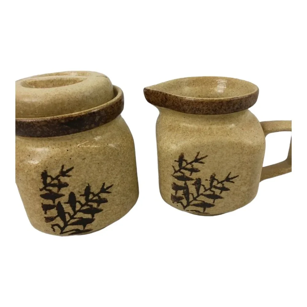 VTG Mid Century PIC USA Creamer & Sugar Bowl Set Square Stoneware Floral Pottery